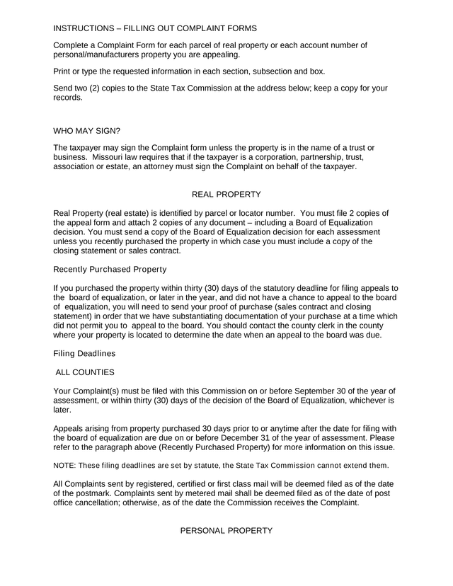 Complaint Form Instructions screenshot