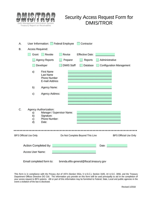 Security Access Request Form For DMISTROR screenshot
