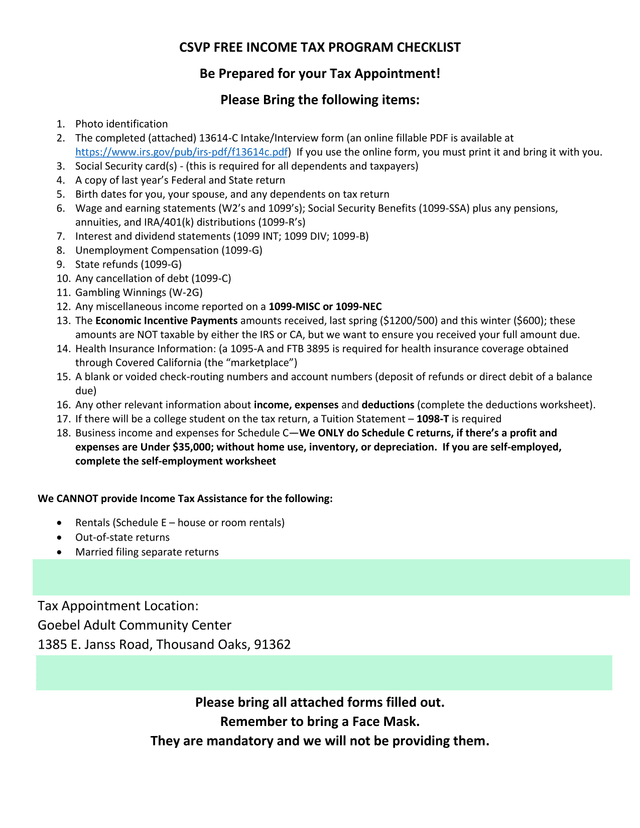 CSVP FREE INCOME TAX PROGRAM CHECKLIST screenshot