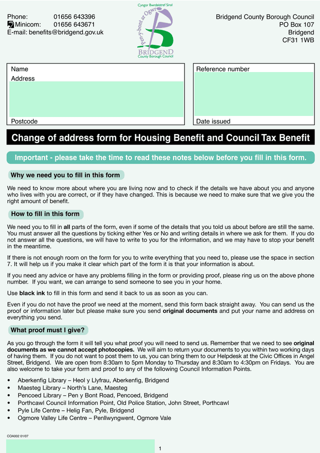 Change Of Address Form For Housing Benefit And Council Tax Benefit screenshot