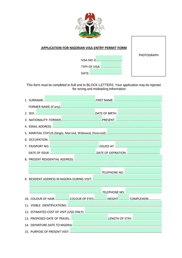APPLICATION FOR NIGERIAN VISA ENTRY PERMIT FORM screenshot