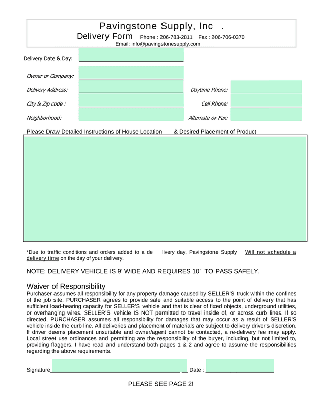 Pavingstone Supply, Inc. Delivery Form screenshot