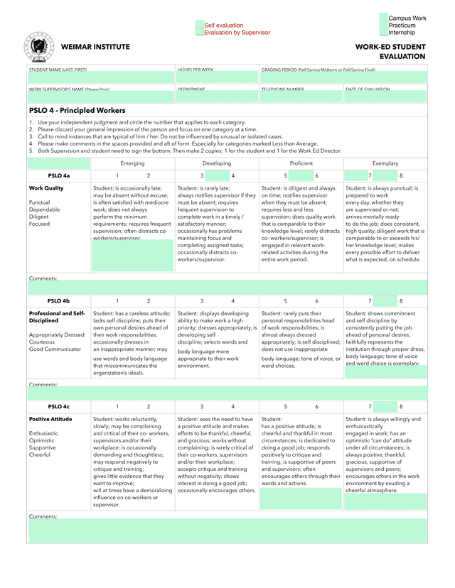 Weimar Institute Work Ed Student Evaluation screenshot