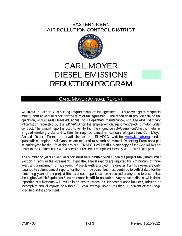 Carl Moyer Diesel Emissions Reduction Program Annual Report screenshot