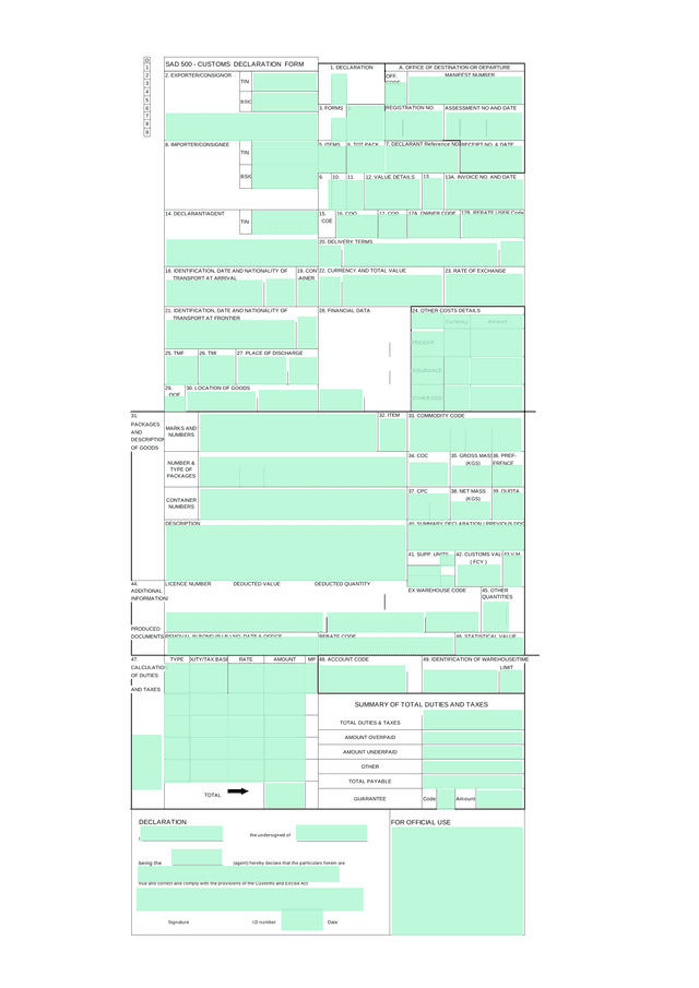 Customs Declaration Form screenshot