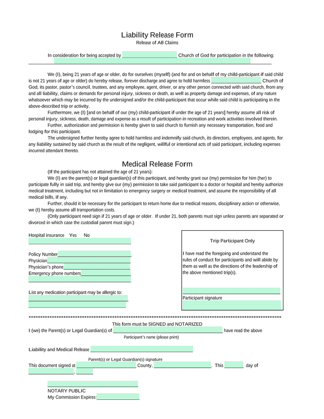 Liability Release Form screenshot