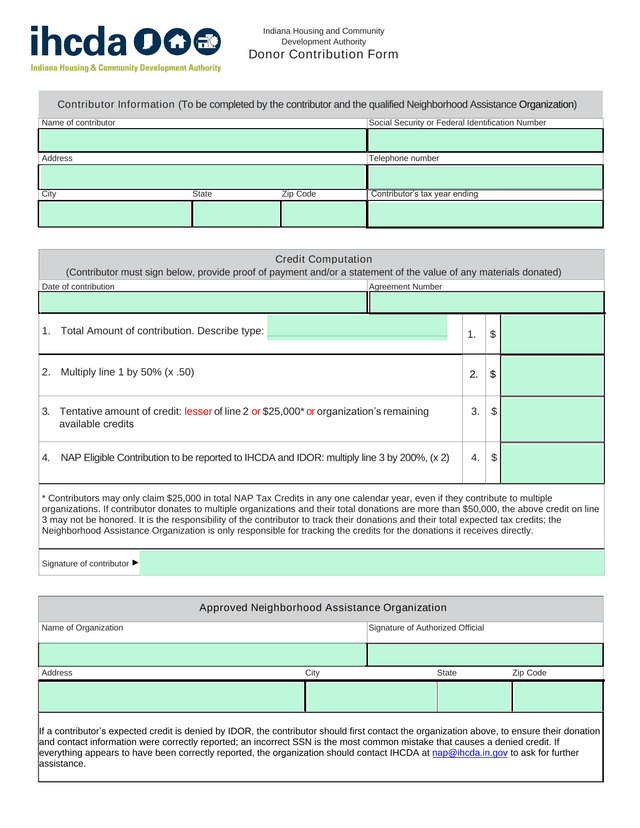 Indiana Housing And Community Development Authority Donor Contribution Form screenshot