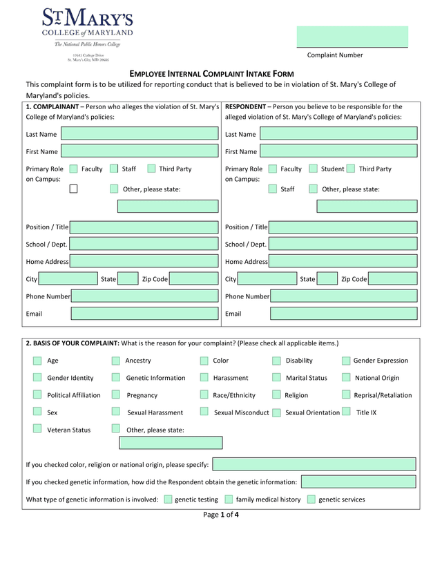 Employee Internal Complaint Intake Form screenshot