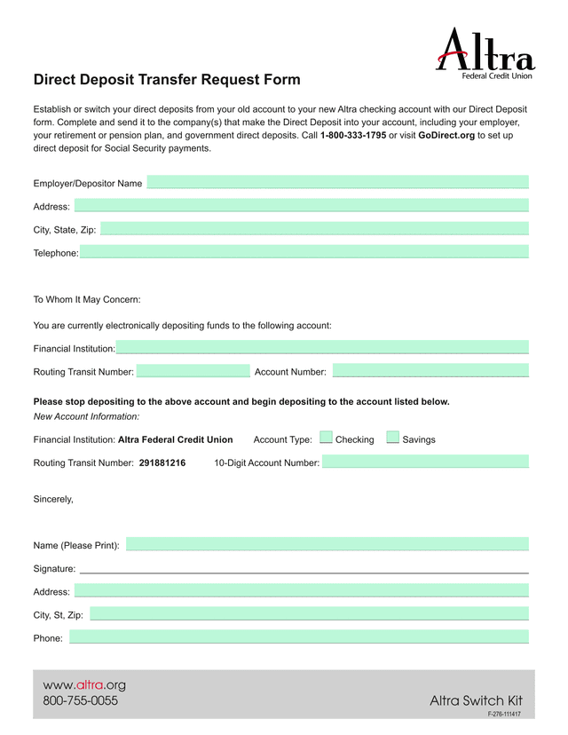 Direct Deposit Transfer Request Form screenshot