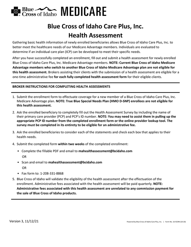 Blue Cross Of Idaho Care Plus, Inc. Health Assessment screenshot