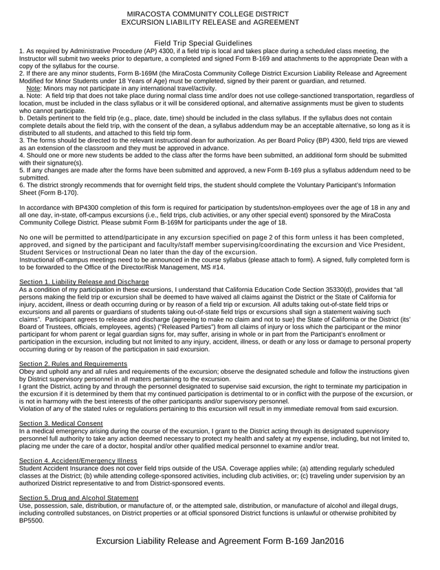 MIRACOSTA COMMUNITY COLLEGE DISTRICT EXCURSION LIABILITY RELEASE And AGREEMENT screenshot