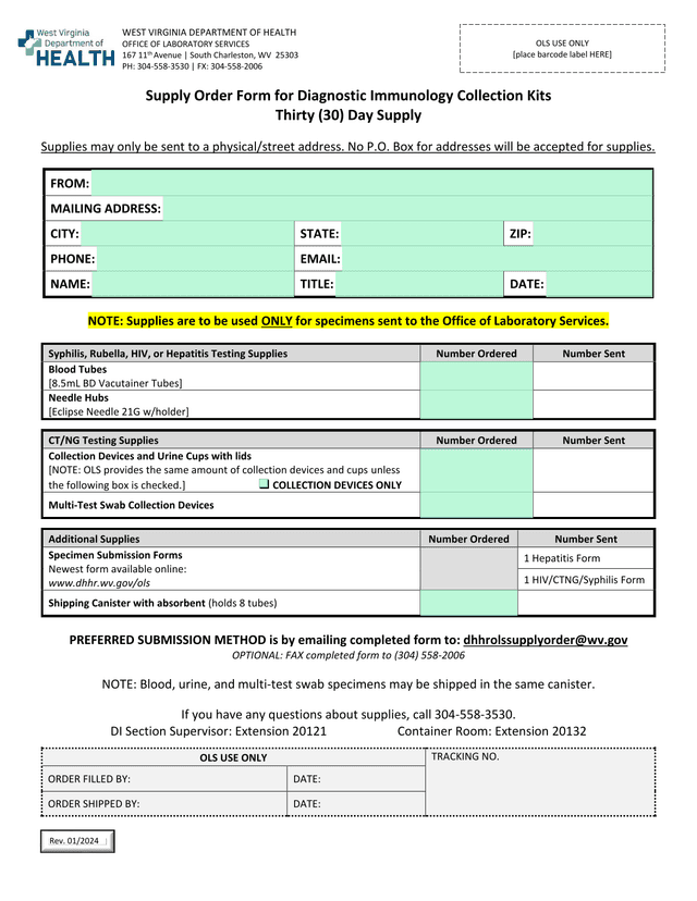 Supply Order Form For Diagnostic Immunology Collection Kits screenshot