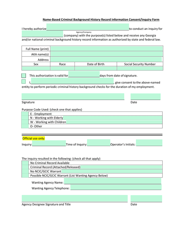 Name Based Criminal Background History Record Information ConsentInquiry Form screenshot