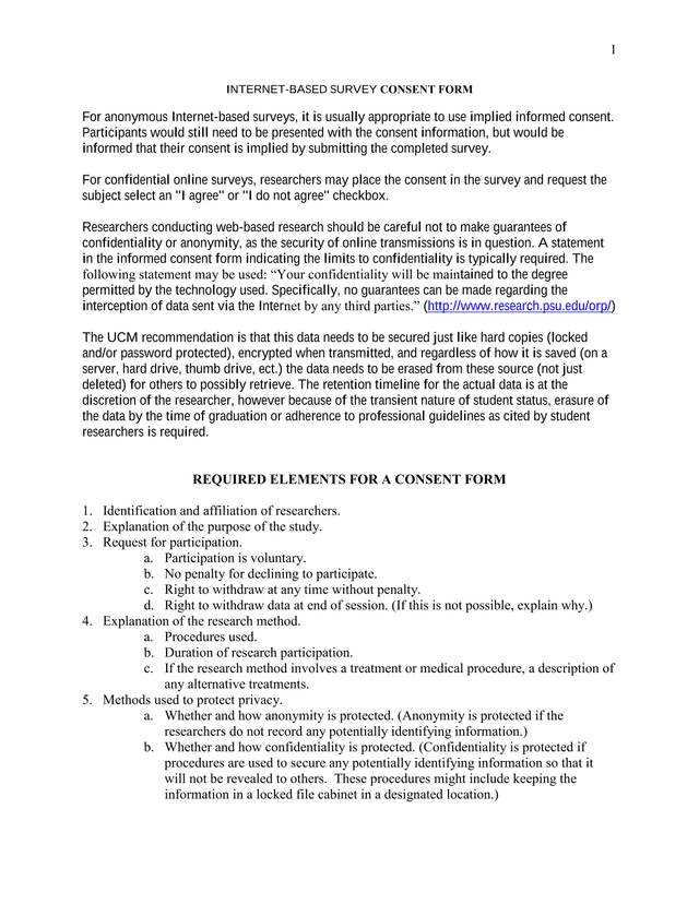 Internet Based Survey Consent Form screenshot