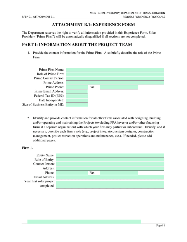 RFEP 01, ATTACHMENT B.1 EXPERIENCE FORM screenshot