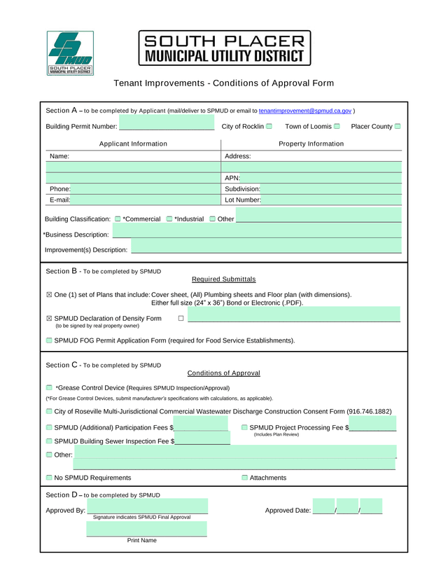 Tenant Improvements   Conditions Of Approval Form screenshot