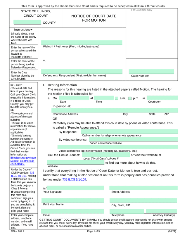 Notice Of Court Date For Motion screenshot