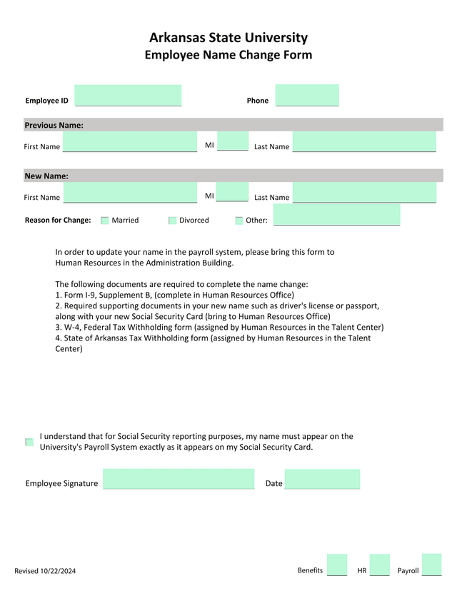 Employee Name Change Form screenshot