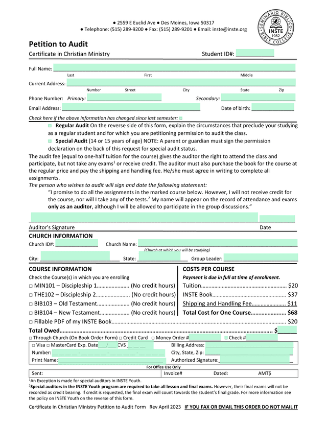 Certificate In Christian Ministry Petition To Audit Form screenshot