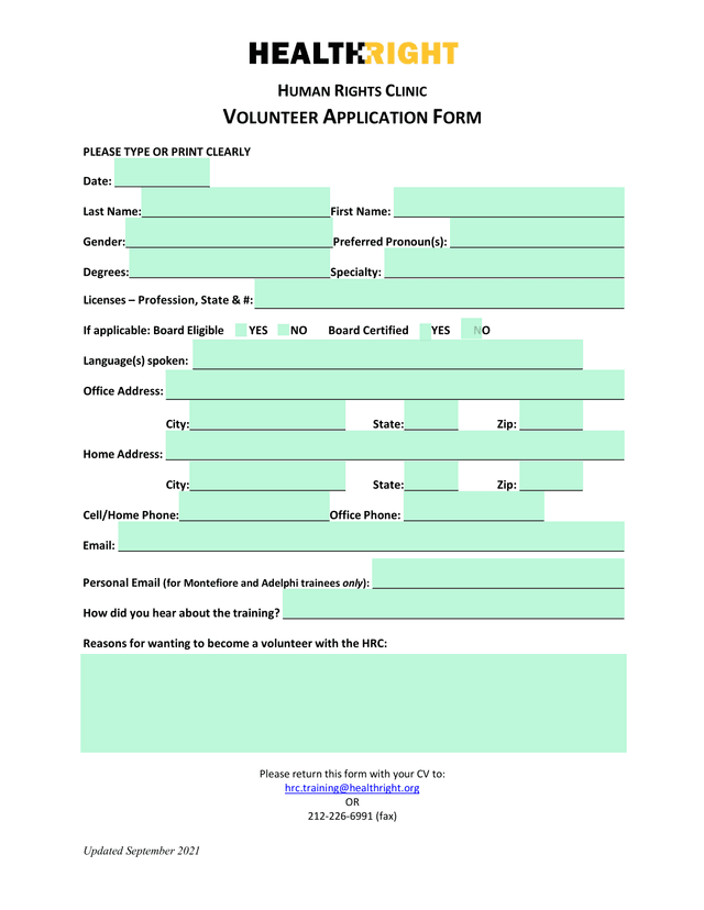Human Rights Clinic Volunteer Application Form screenshot