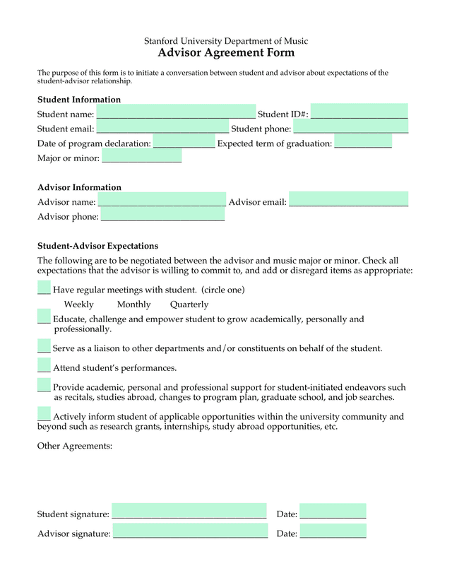 Stanford University Department Of Music Advisor Agreement Form screenshot