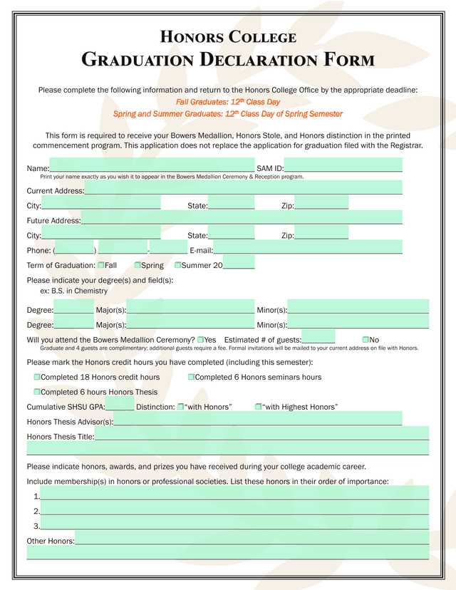 Honors College Graduation Declaration Form screenshot