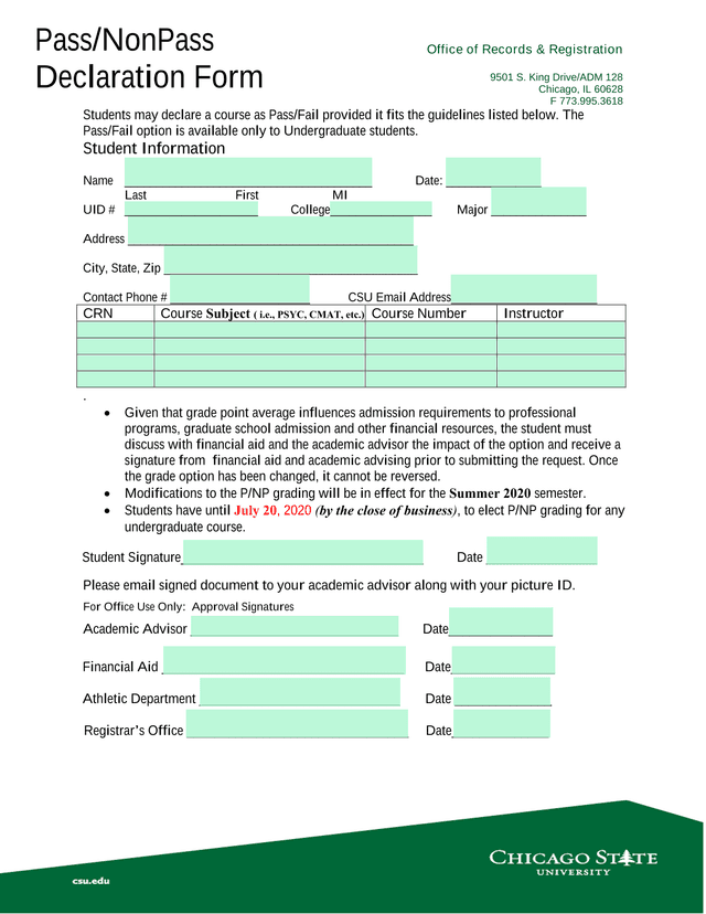 PassNonPass Declaration Form screenshot