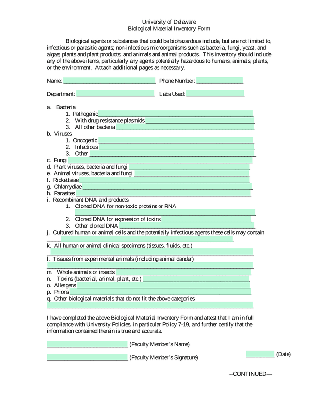 Biological Material Inventory Form screenshot