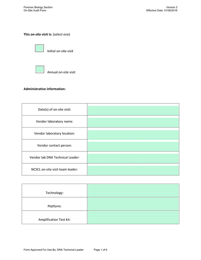 Forensic Biology Section On Site Audit Form screenshot