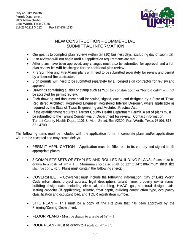 New Construction  Commercial Submittal Information screenshot