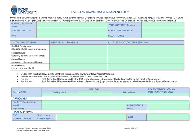 OVERSEAS TAVEL RISK ASSESSMENT FORM screenshot