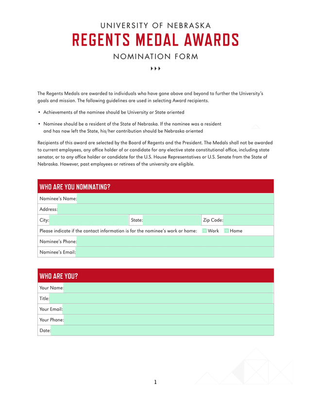 University Of Nebraska Regents Medal Awards Nomination Form screenshot