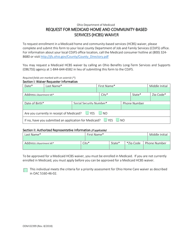 REQUEST FOR MEDICAID HOME AND COMMUNITY BASED SERVICES (HCBS) WAIVER screenshot