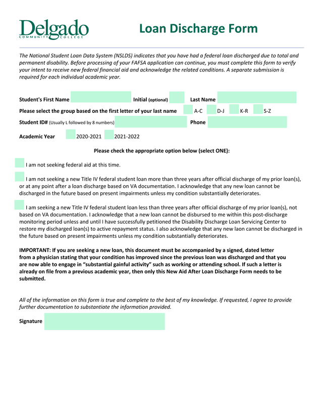 Loan Discharge Form screenshot