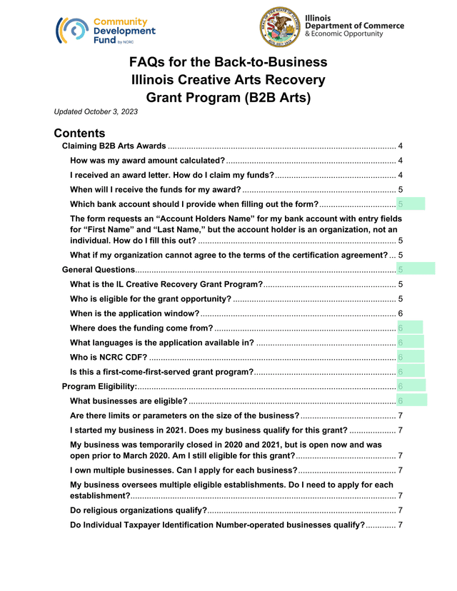 FAQs For The Back To Business Illinois Creative Arts Recovery Grant Program (B2B Arts) screenshot