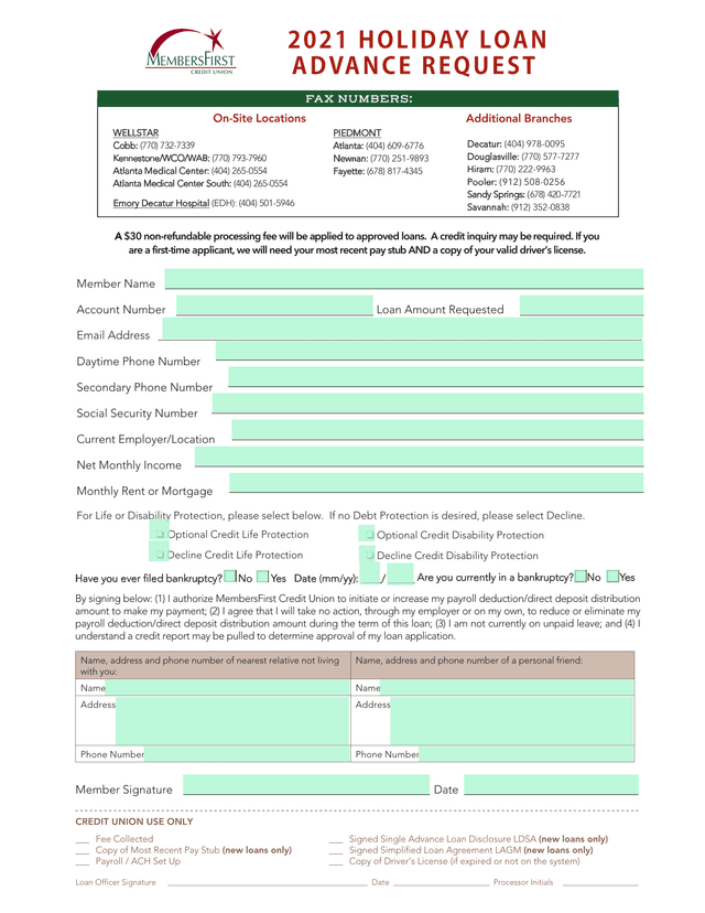 2021 HOLIDAY LOAN ADVANCE REQUEST screenshot