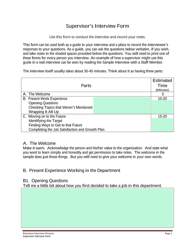 Retention Interview Process Supervisor Interview Form screenshot