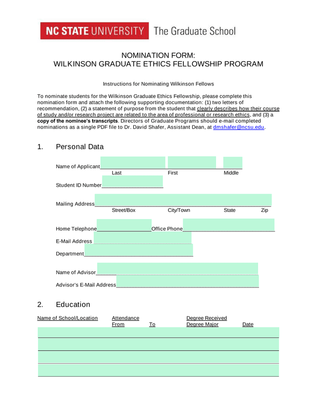 NOMINATION FORM WILKINSON GRADUATE ETHICS FELLOWSHIP PROGRAM screenshot