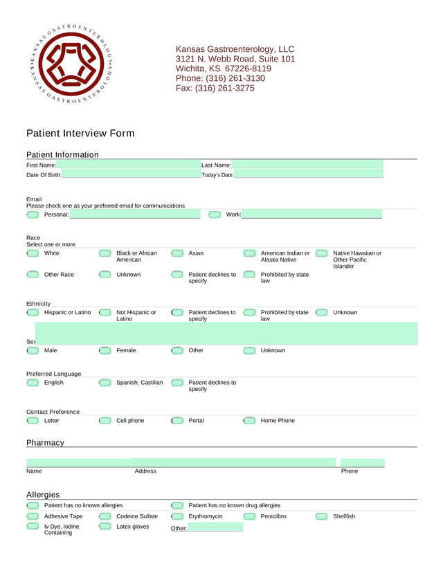 Patient Interview Form screenshot