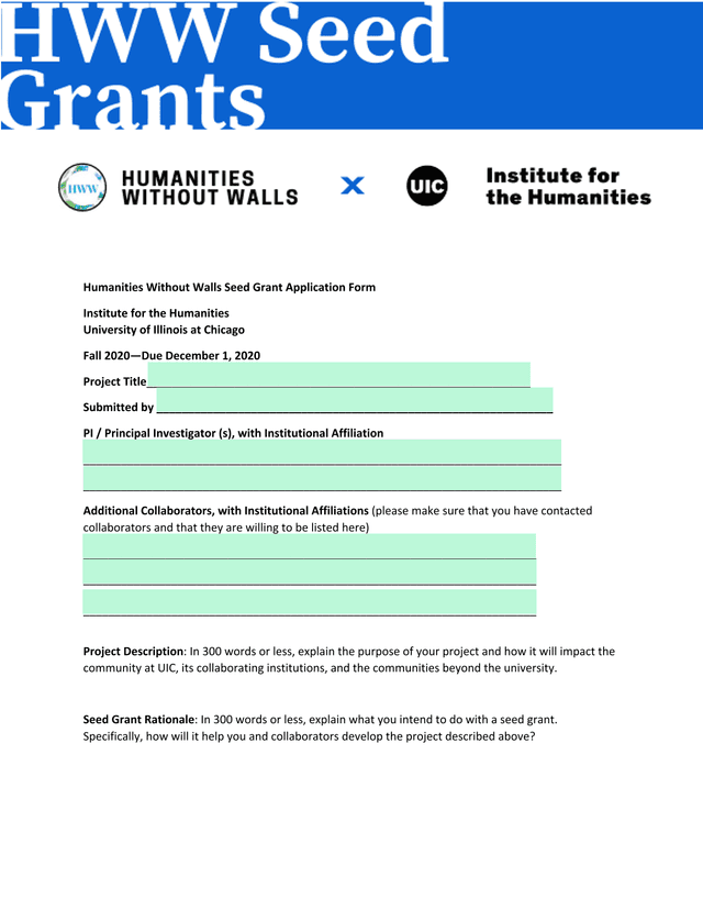 Humanities Without Walls Seed Grant Application Form screenshot