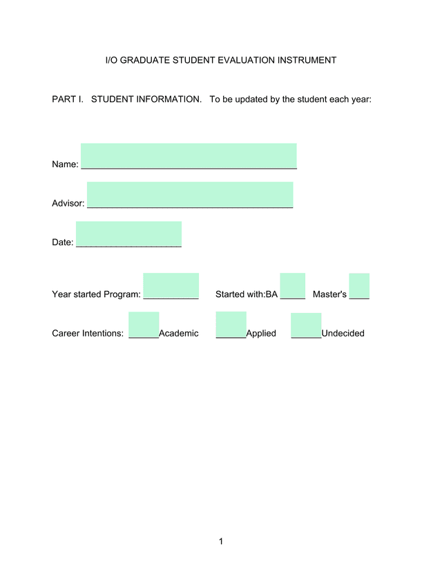 IO Graduate Student Evaluation Instrument screenshot