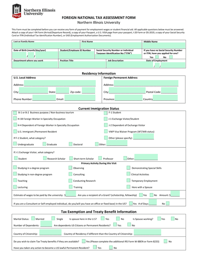 Foreign National Tax Assessment Form screenshot