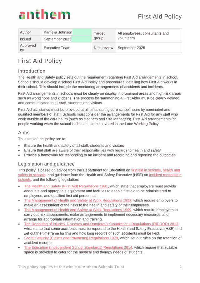 First Aid Policy screenshot
