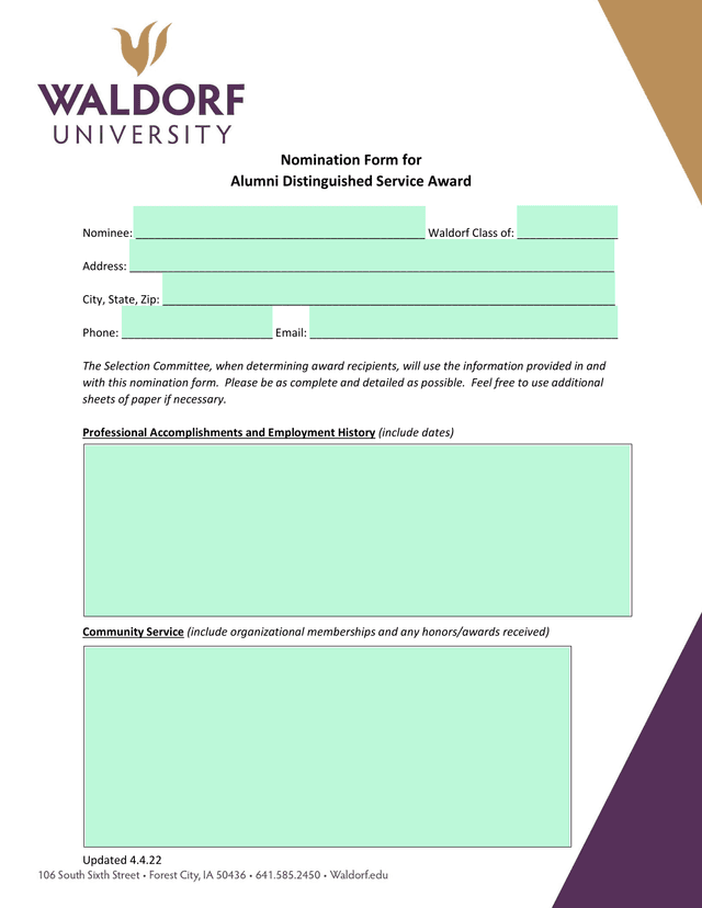 Nomination Form For Alumni Distinguished Service Award screenshot