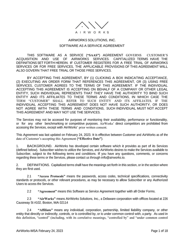 AIRWORKS SOLUTIONS, INC. SOFTWARE AS A SERVICE AGREEMENT screenshot