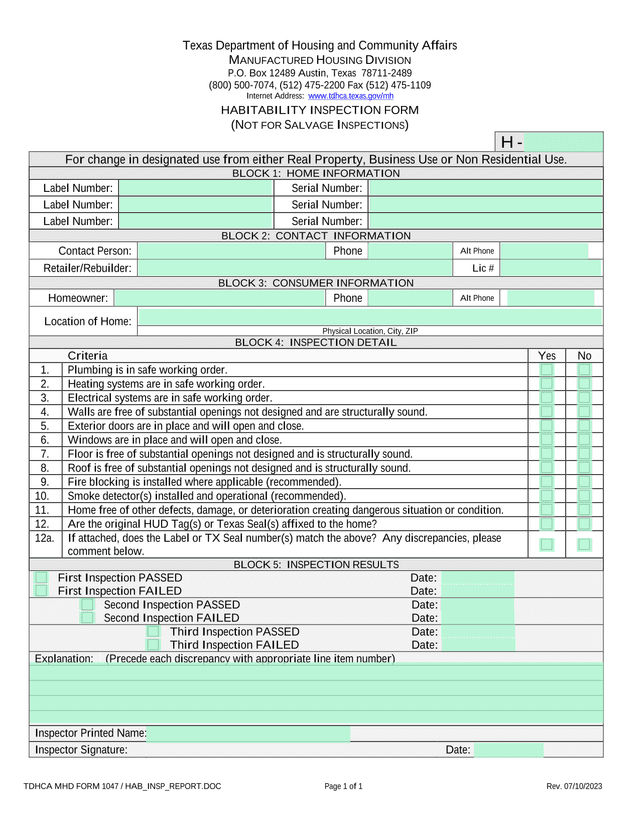 TDHCA MHD Form 1047 Habitability Inspection Form screenshot