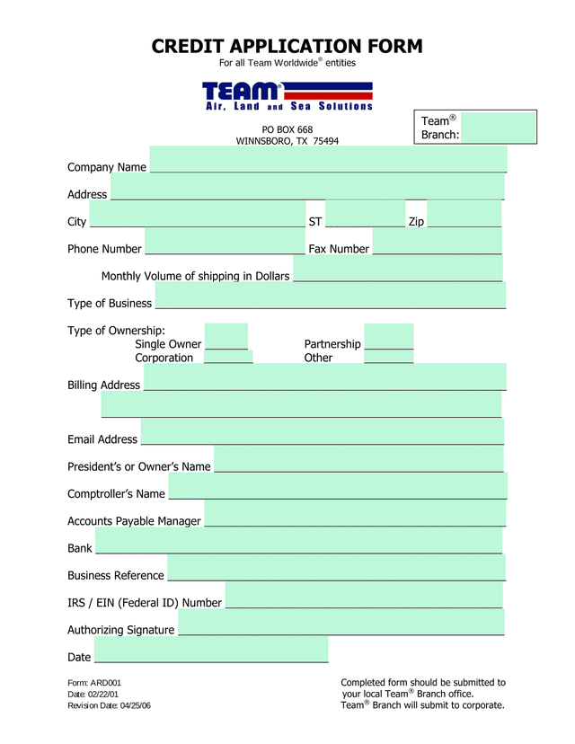 CREDIT APPLICATION FORM screenshot