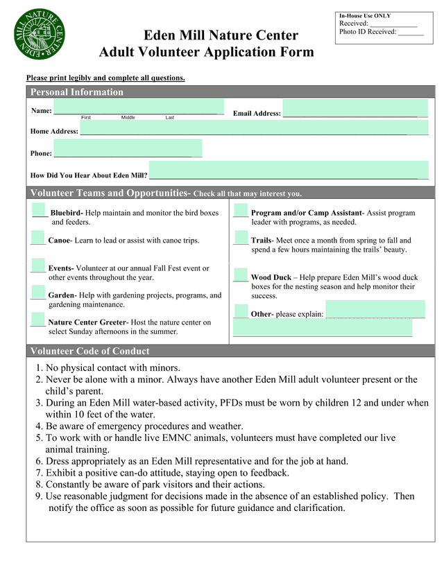 Eden Mill Nature Center Adult Volunteer Application Form screenshot
