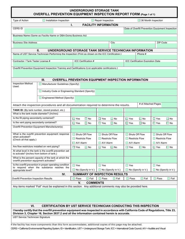 Underground Storage Tank Overfill Prevention Equipment Inspection Report Form screenshot