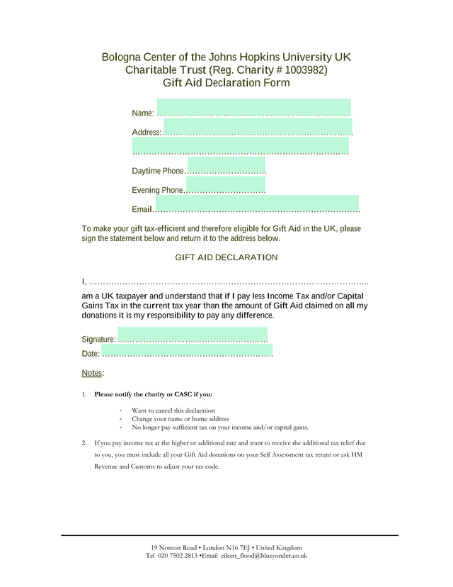 Gift Aid Declaration Form screenshot